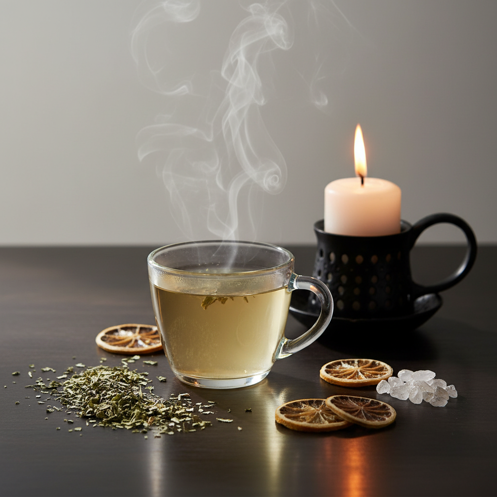 Steaming cup of lemon verbena tea with candle glow and crystals