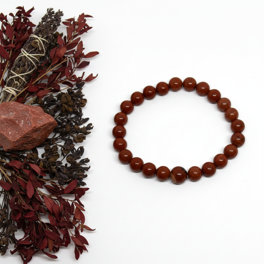 Red jasper bracelet flat in circle with deep brick-red round beads and raw jasper chunk props on light grey background