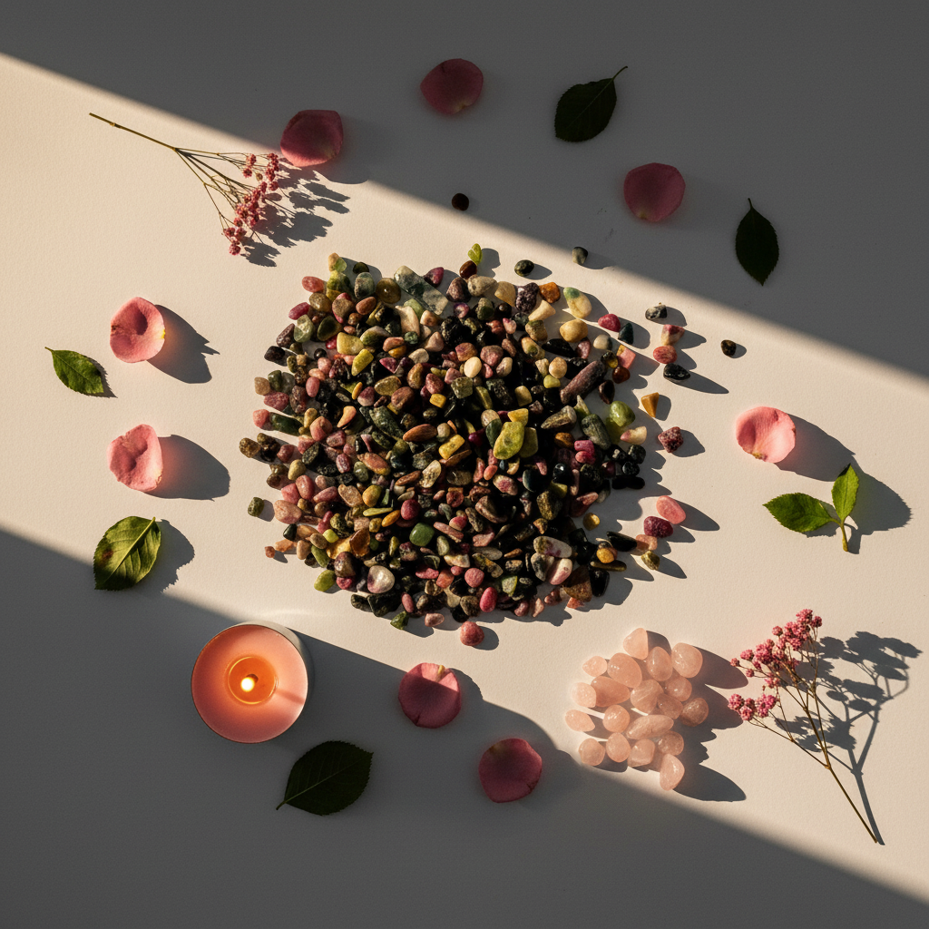 Flat lay of watermelon tourmaline chips with pink rose petals, green leaves and candle props