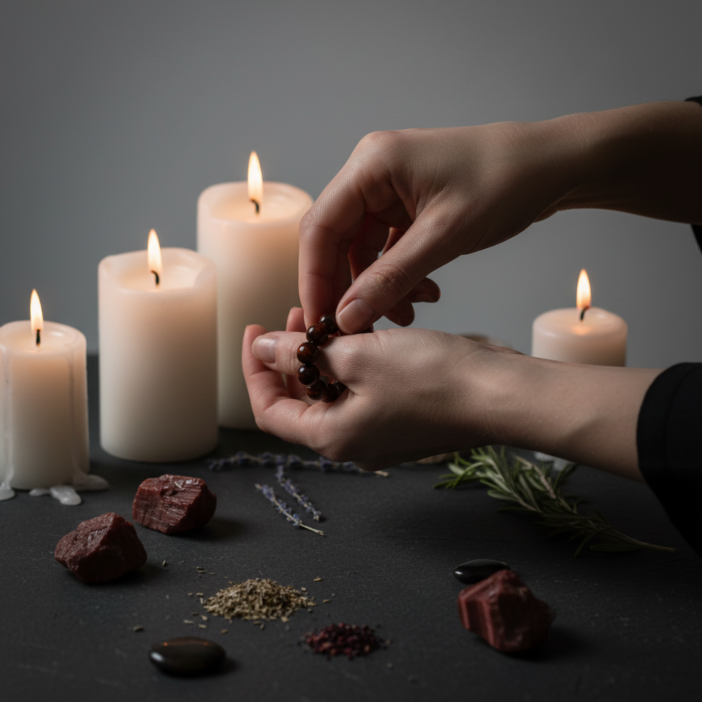 Hands placing Red Tiger's Eye bracelet on wrist over moody altar with crystals and herbs