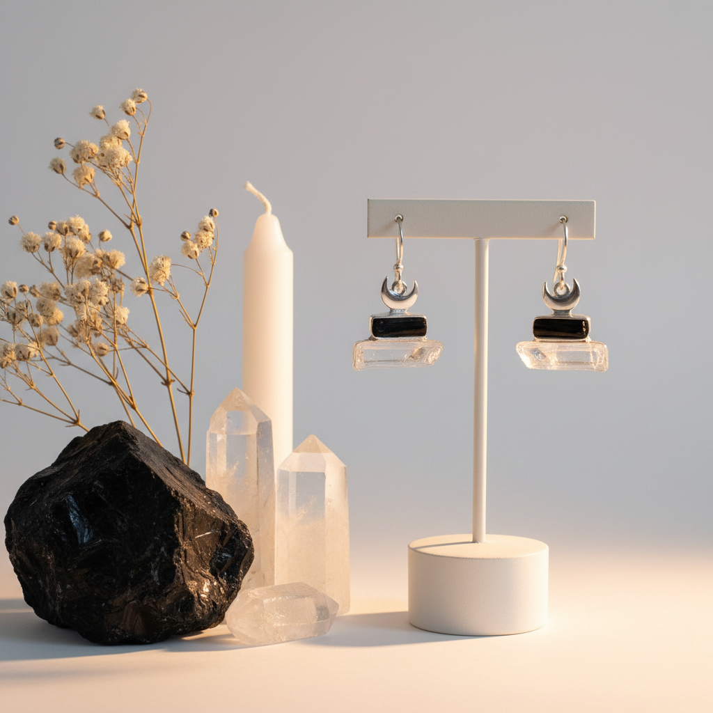 Black Tourmaline and Crystal Quartz raw dangle earrings with sterling silver crescent moon on light grey background