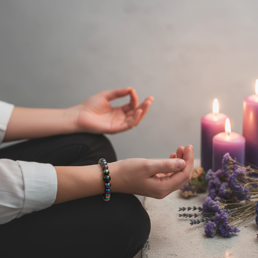 Hands in calm meditation pose wearing rainbow hematite bracelet with iridescent rainbow shimmer catching candlelight