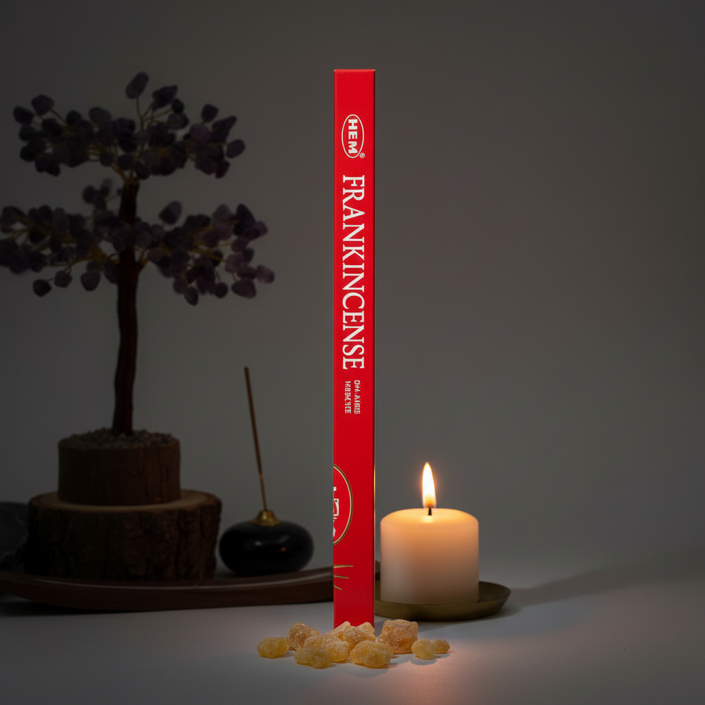 HEM Frankincense incense square pack box standing upright with frankincense resin and candlelight