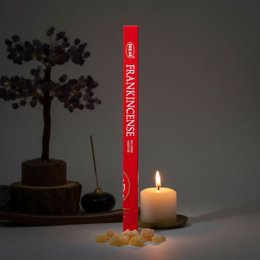 HEM Frankincense incense square pack box standing upright with frankincense resin and candlelight