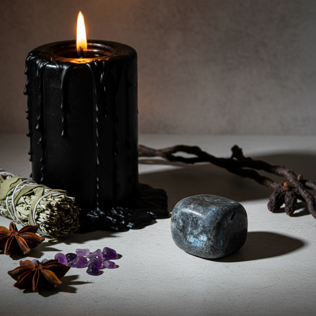 Single larvikite tumbled stone with luxe intuition-themed props and black candle