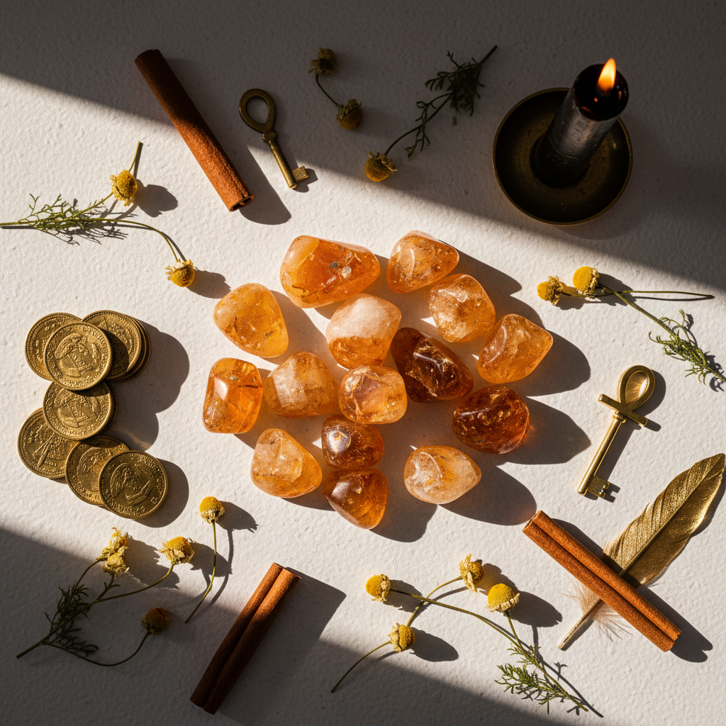 Flat lay of citrine tumbled stones with abundance props and candle