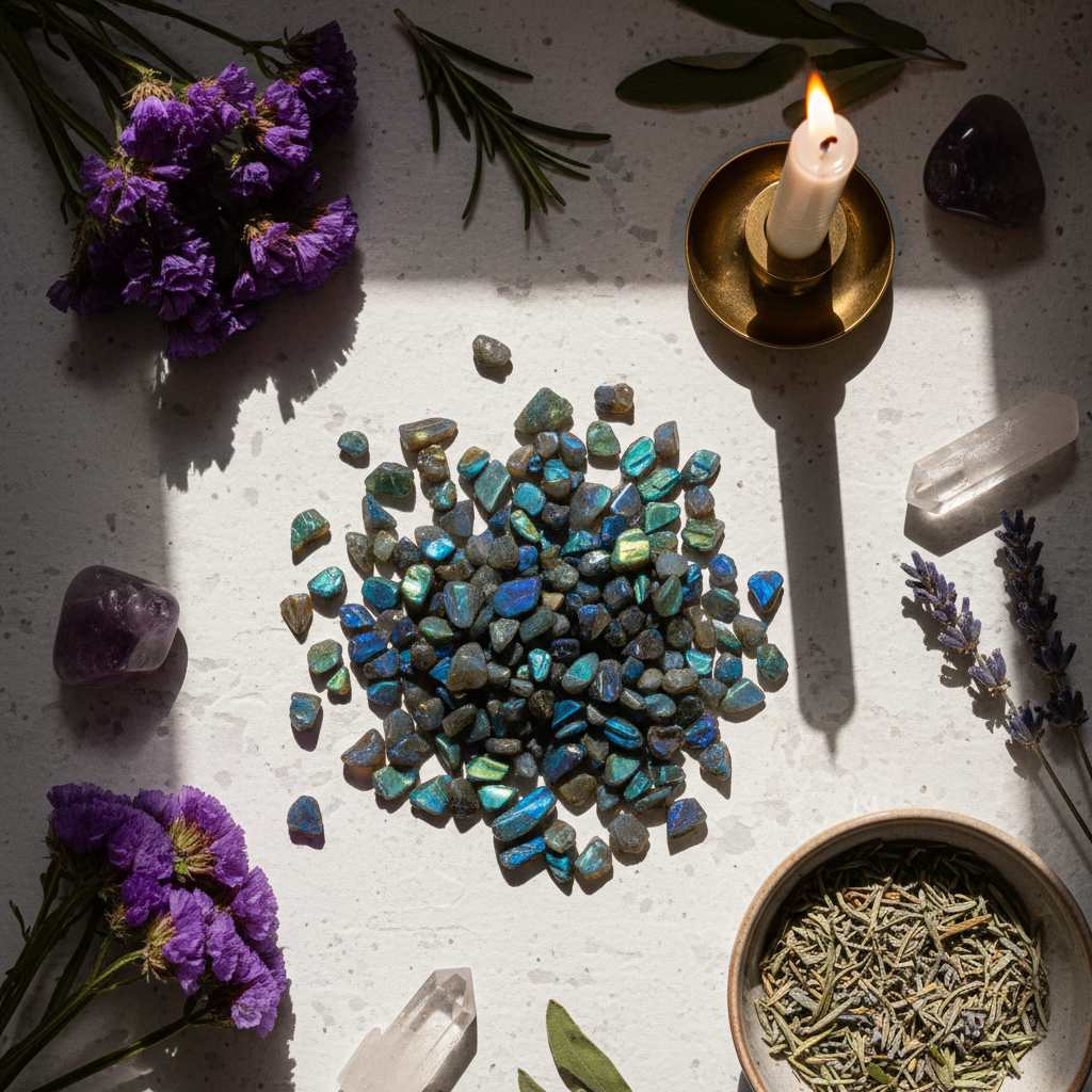 Labradorite crystal chips flat lay