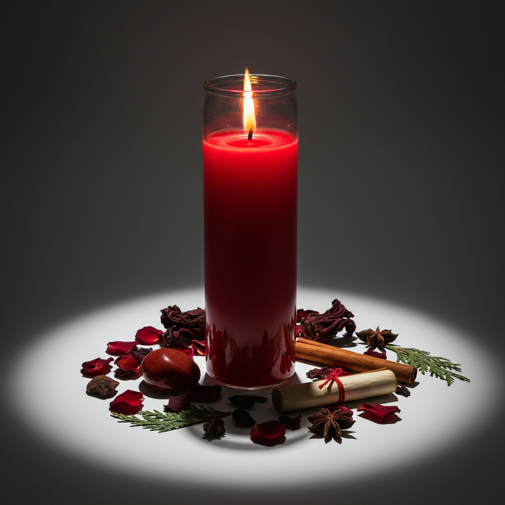 Red 7 day candle burning with rose petals, red jasper, hibiscus flowers, cinnamon and petition paper in warm candlelight