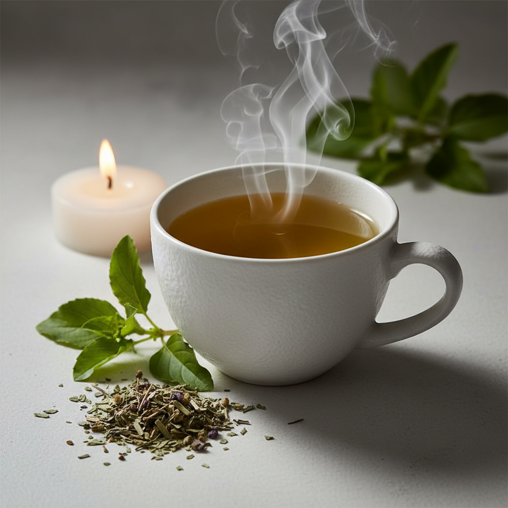 Steaming cup of Tulsi Holy Basil herbal tea with fresh basil and candle