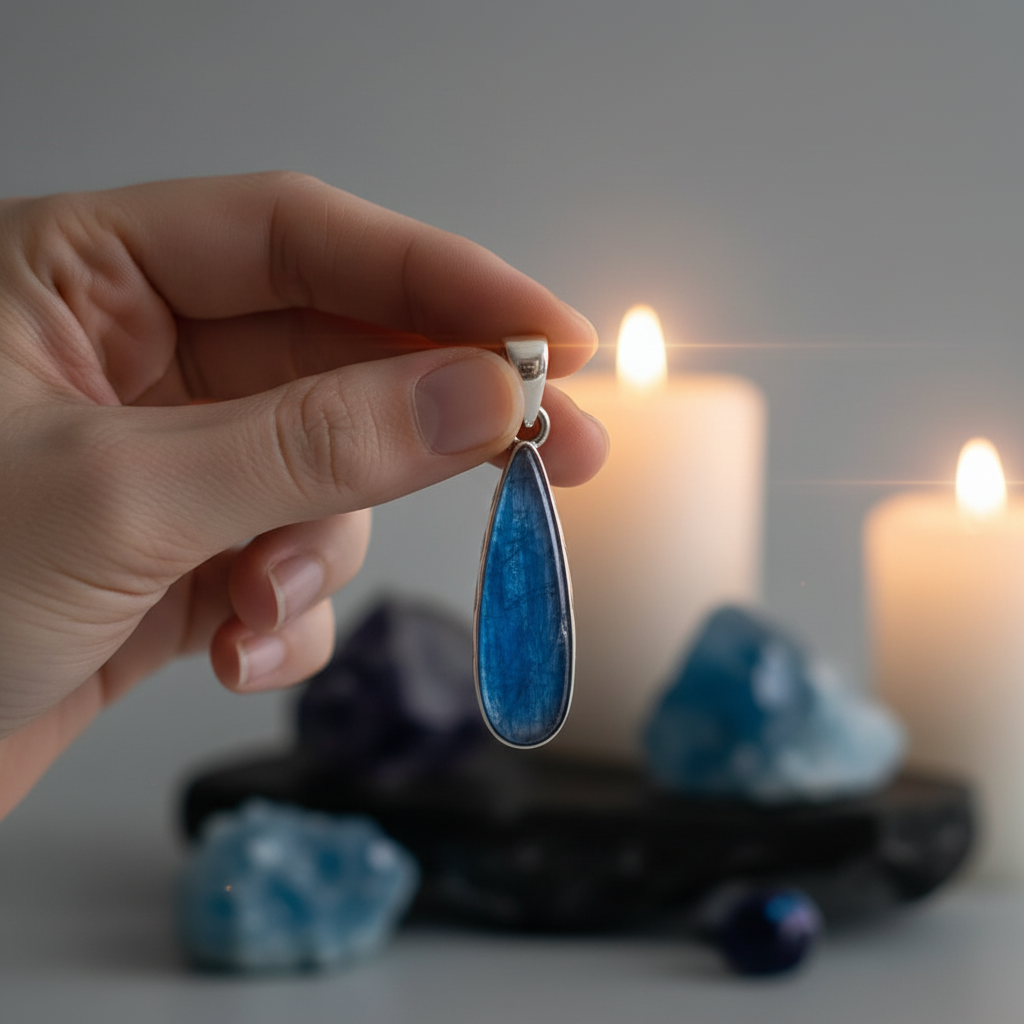 Elegant hand holding Blue Kyanite sterling silver pendant by the bail with moody crystal background