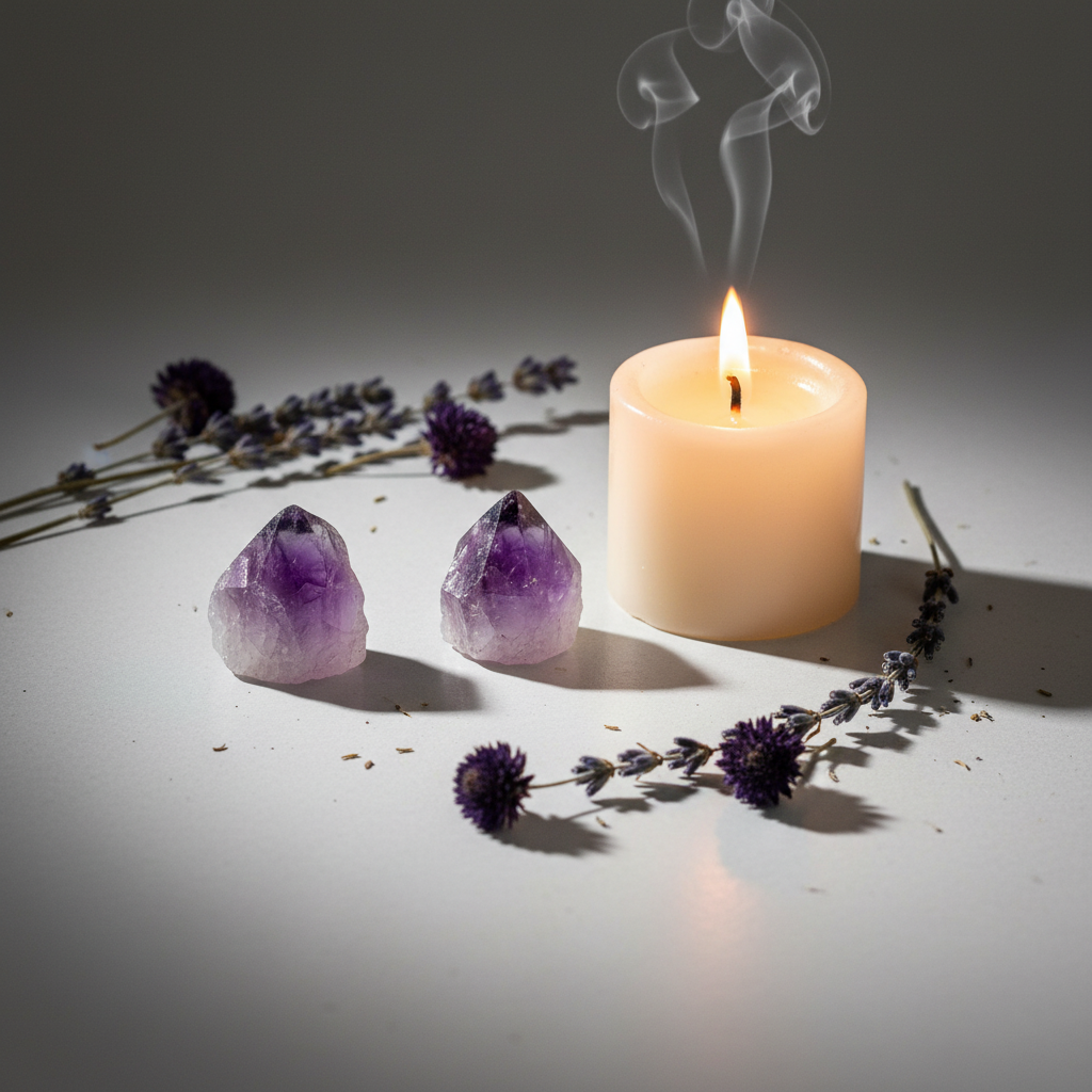 Small raw amethyst crystal points at true scale with dried lavender, purple flowers and candle in warm candlelight