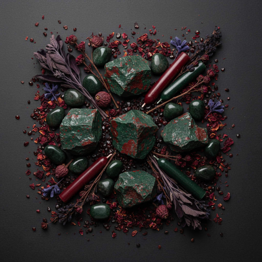 Dark flat lay with raw bloodstone chunks, dark green tumbled stones, dark red botanicals and candles on charcoal background