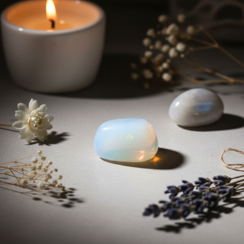 Single opalite tumbled stone with soft blue iridescent glow, white flowers, moonstone and candle in warm candlelight