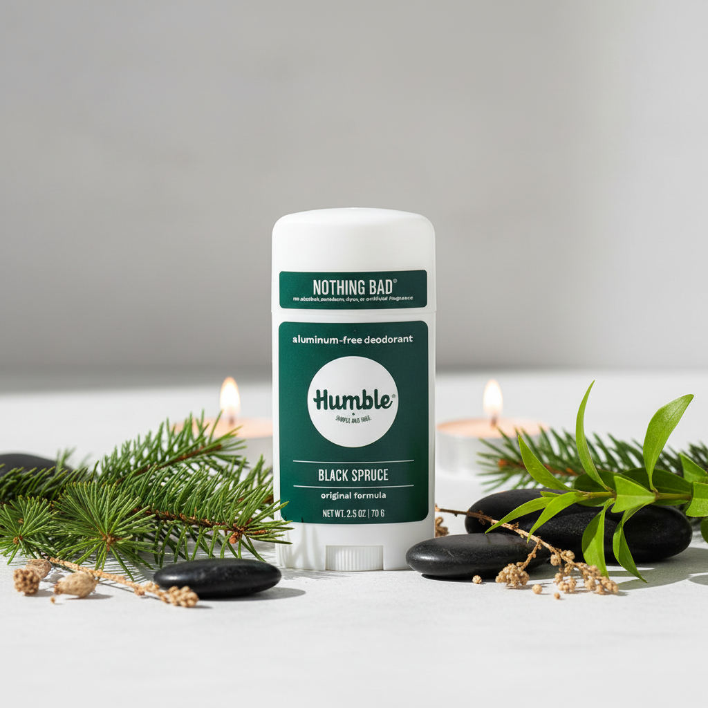 Humble Black Spruce aluminum-free deodorant stick with spruce sprigs and black stones