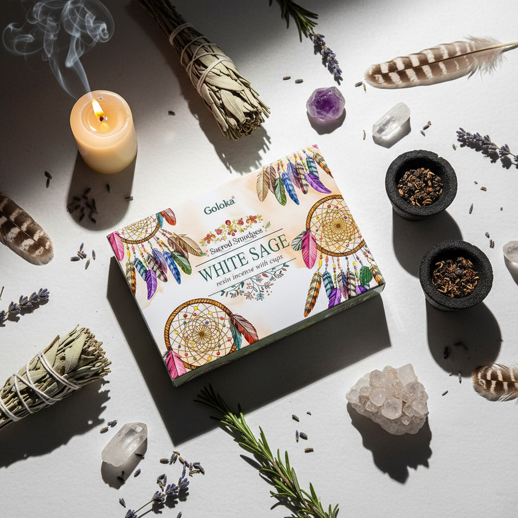 Goloka White Sage resin incense flat lay