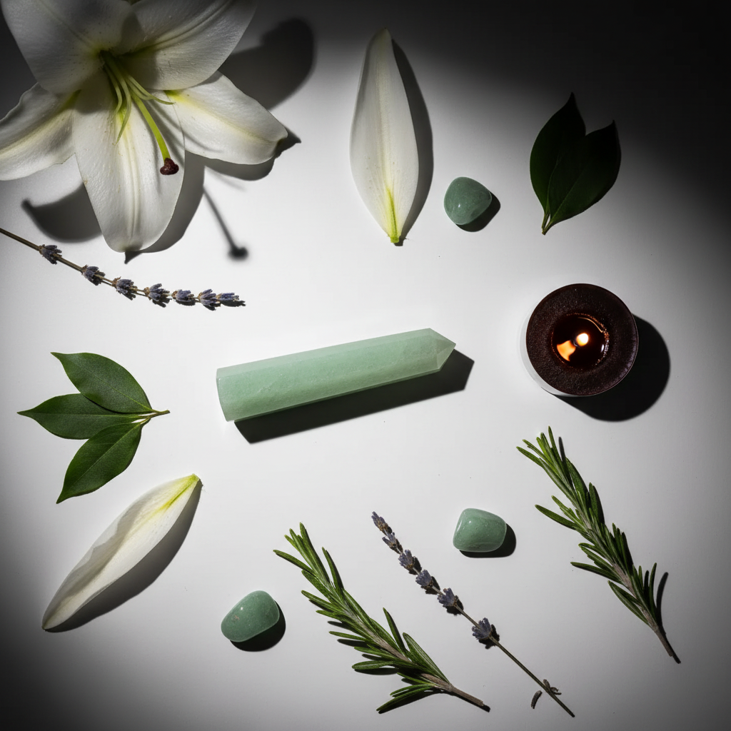 Flat lay of green aventurine crystal tower with tumbled stones, white flowers, herbs and candle