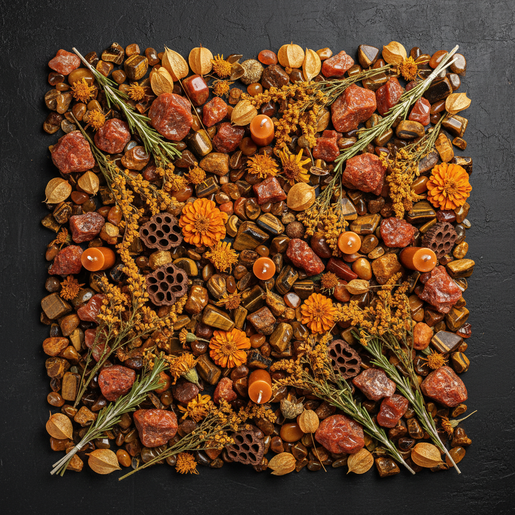 Dark flat lay with raw carnelian and tiger eye chunks, dried orange flowers, golden botanicals and warm candles on charcoal background