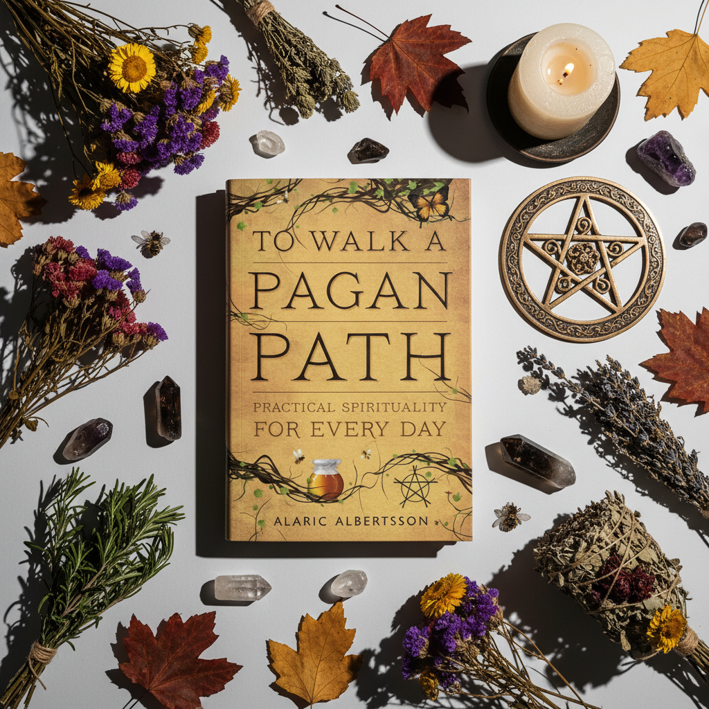 To Walk a Pagan Path flat lay top-down with pagan props and candlelight