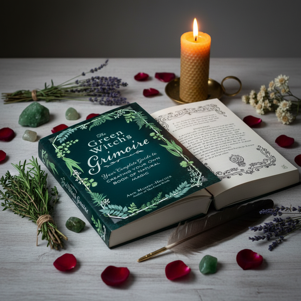 The Green Witch's Grimoire lifestyle shot with herbs, crystals and candlelight