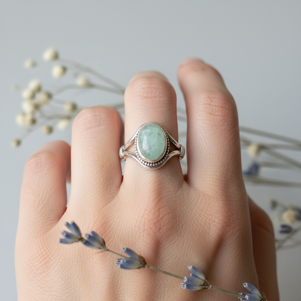 Hand wearing aquamarine V-band knot ring facing forward with pale icy seafoam-blue stone clearly visible