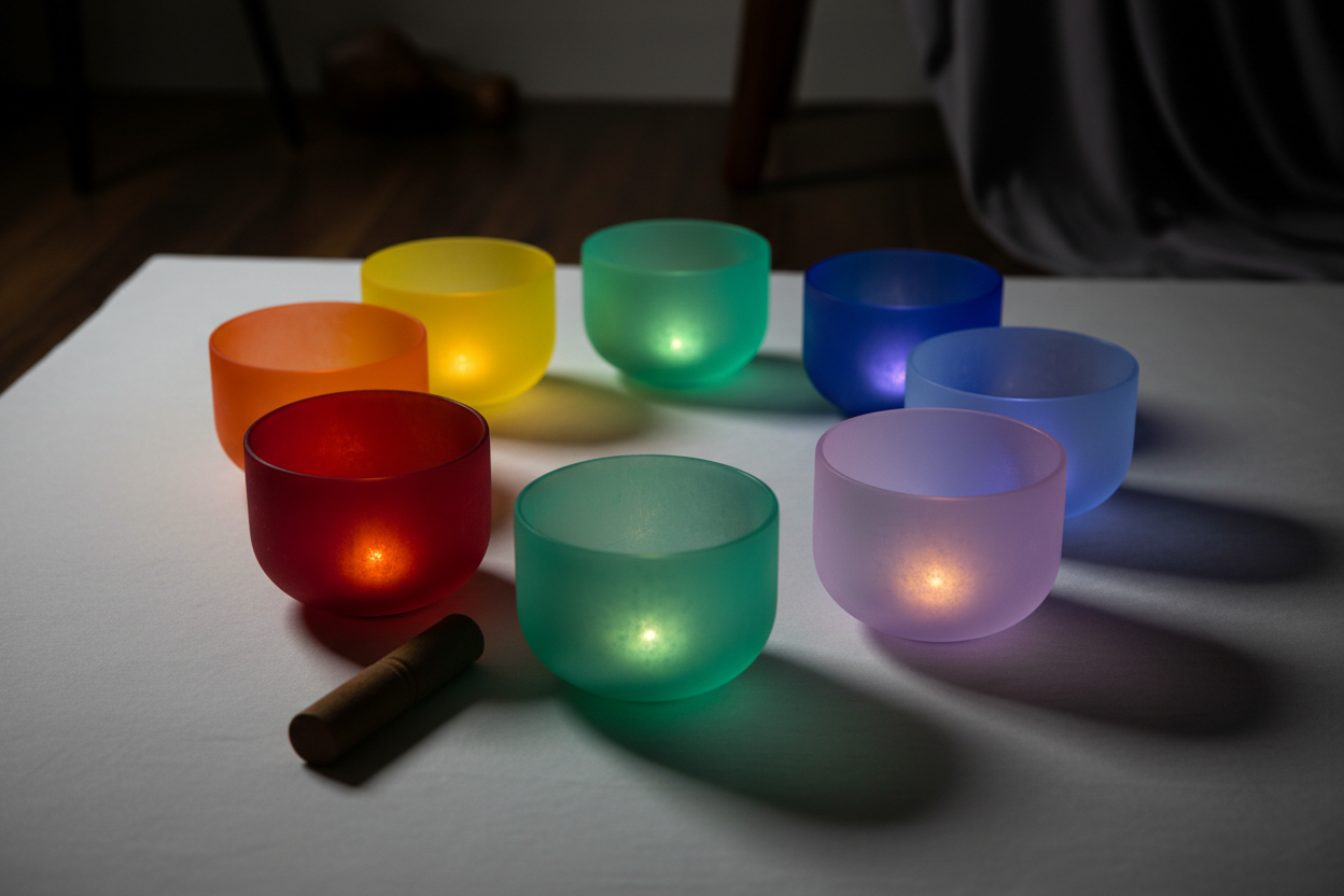 Crystal singing bowls glowing in chakra colors arranged in a sacred circle with warm candlelight