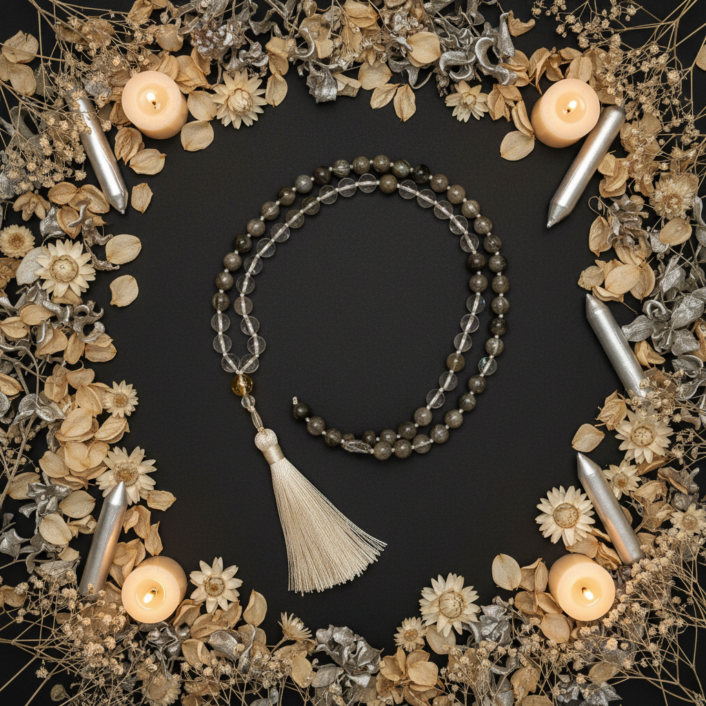 Labradorite and clear quartz mala in circle with cream petals, silver botanicals and cream candles on dark charcoal background
