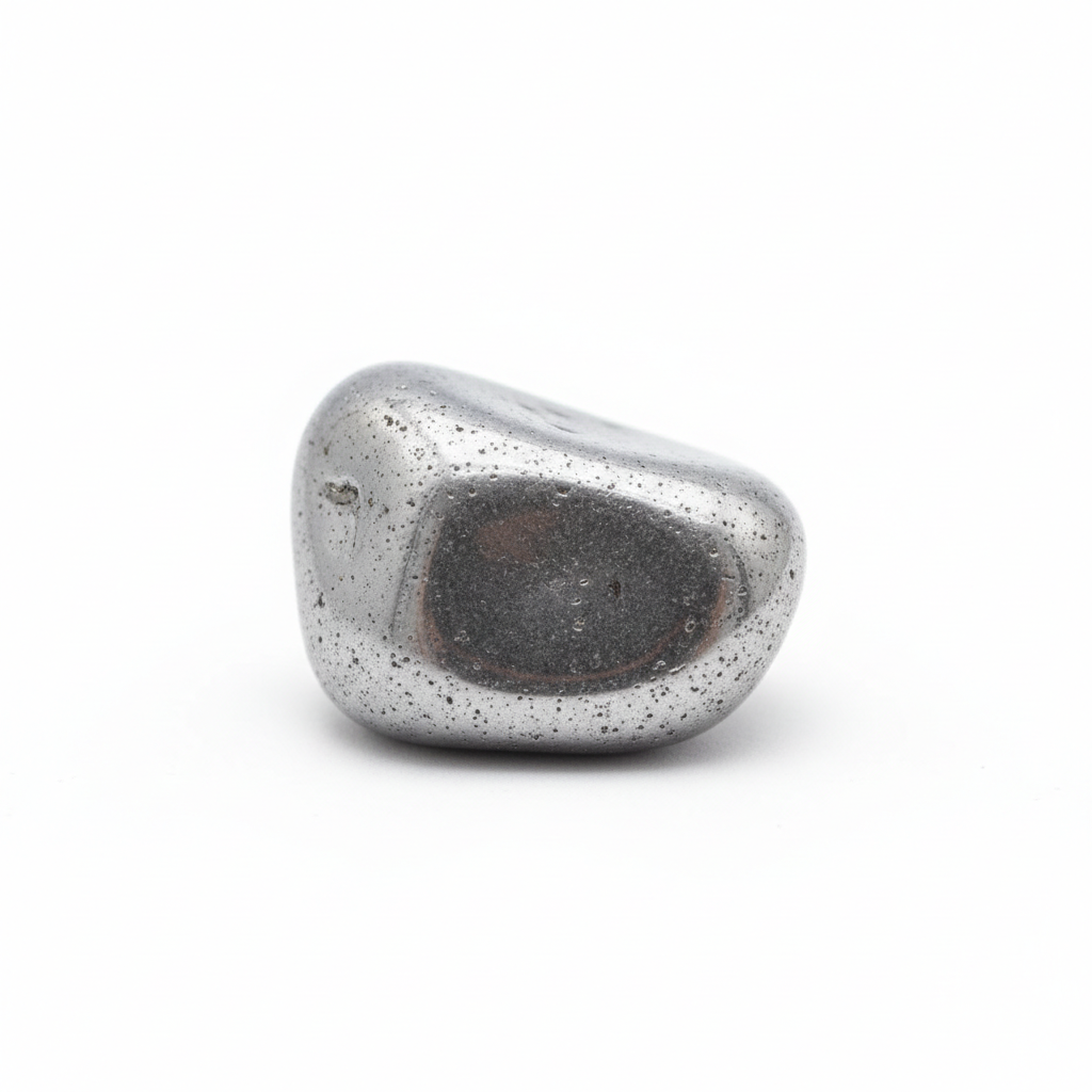 Silver Shungite tumbled stone on white background