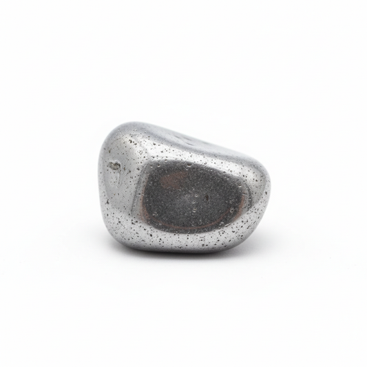 Silver Shungite tumbled stone on white background