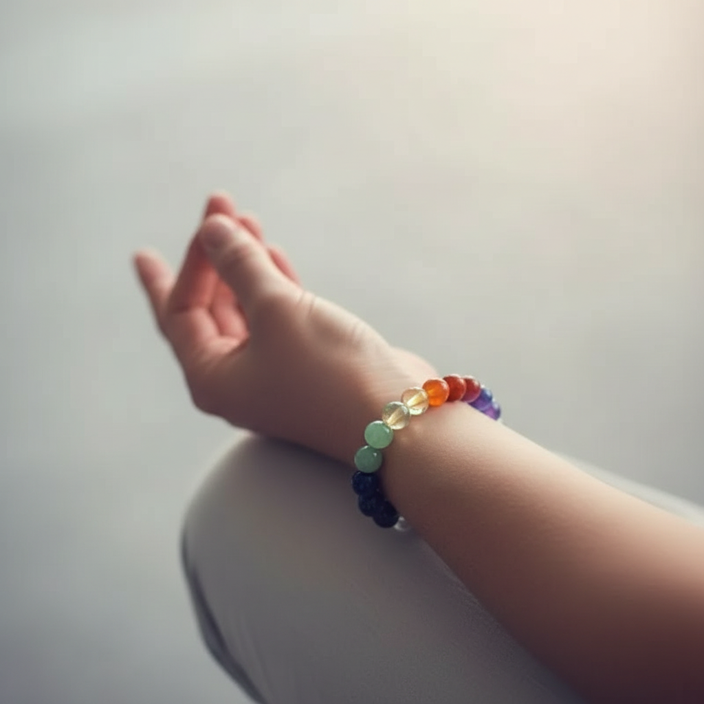 Seven chakra gemstone bracelet worn on wrist during meditation showing full rainbow spectrum of genuine gemstone beads