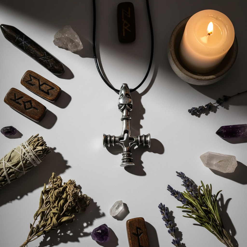 Dragon Hammer pendant flat lay with rune stones, crystals, herbs and candle