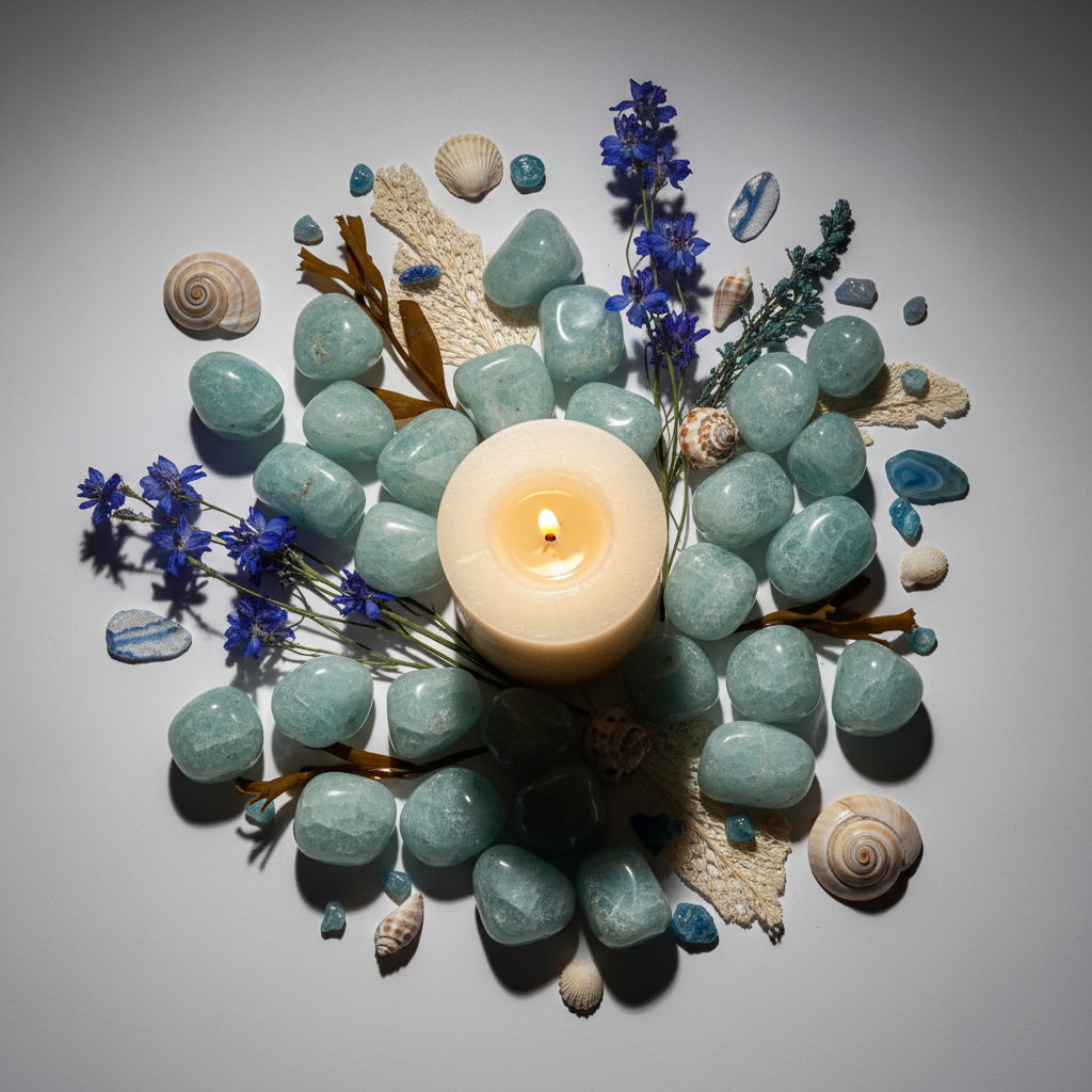 Flat lay of aquamarine tumbled stones with blue flowers, seashells and candle props