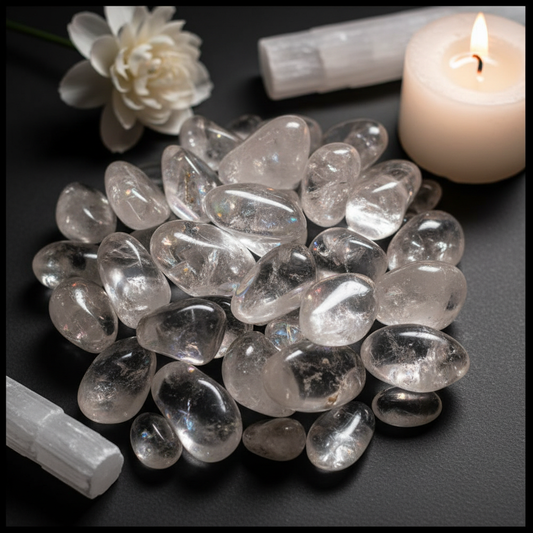 Cluster of clear quartz tumbled stones showing glassy clarity with natural inclusions and light refractions