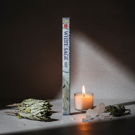 HEM White Sage incense hero shot - long rectangular box with sage sprigs and candlelight