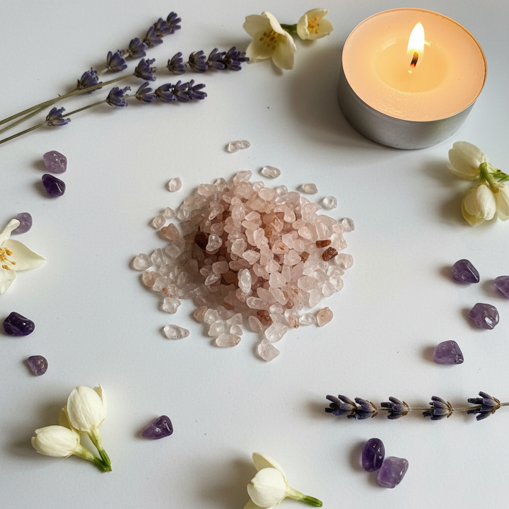Handful of lithium quartz crystal chips with lavender, amethyst chips and candle props