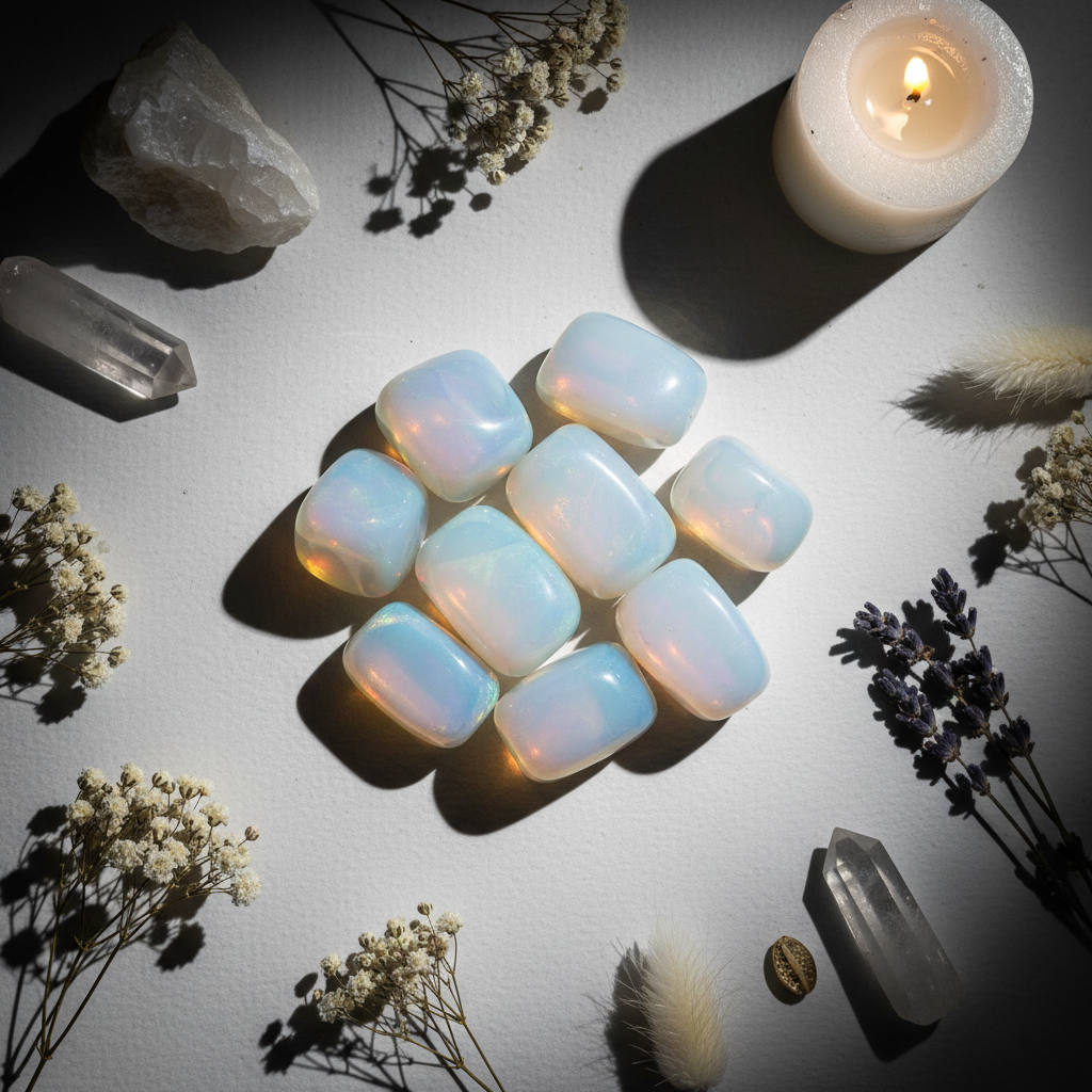 Flat lay of opalite tumbled stones with white flowers, moonstone, dried lavender, clear quartz and candle on light grey background