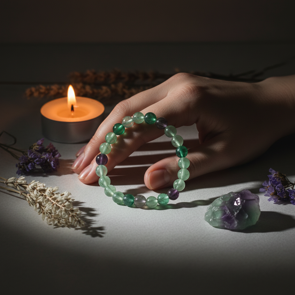 Rainbow fluorite bracelet worn on wrist with fluorite crystal cluster and purple flowers in warm candlelight