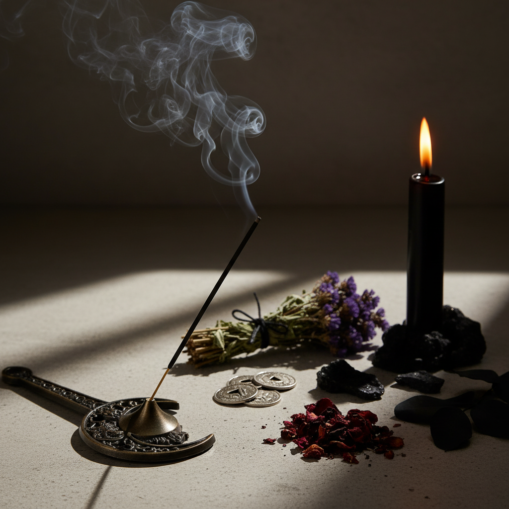 Werewolf incense stick burning with dark mysterious smoke and wolf-themed props
