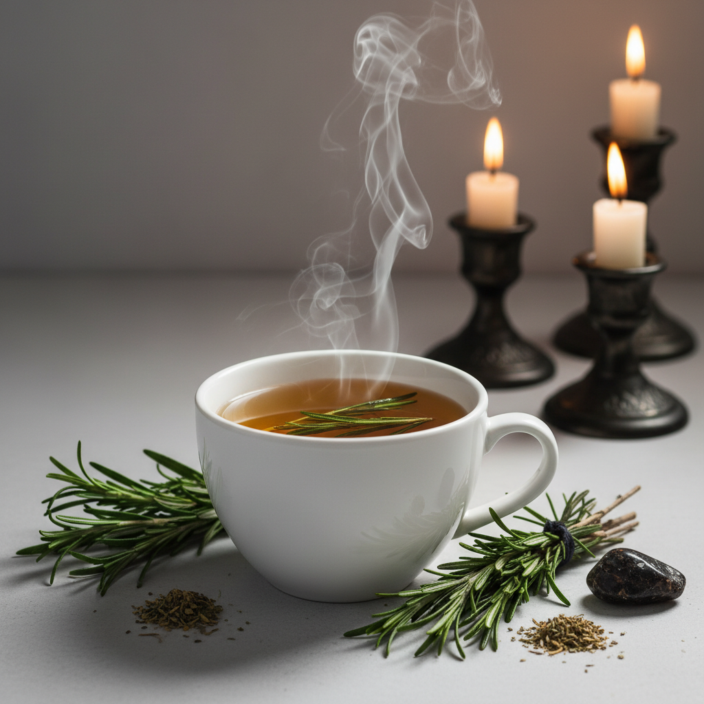 Rosemary herbal tea steaming cup lifestyle shot
