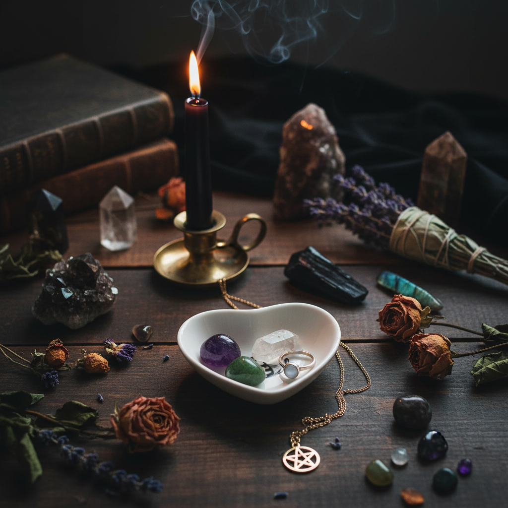 Heart cat trinket dish styled in witchy lifestyle scene with candle and crystals