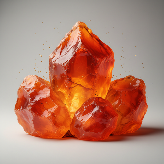 Raw rough carnelian stones cluster hero shot with fiery orange-red color in candlelight