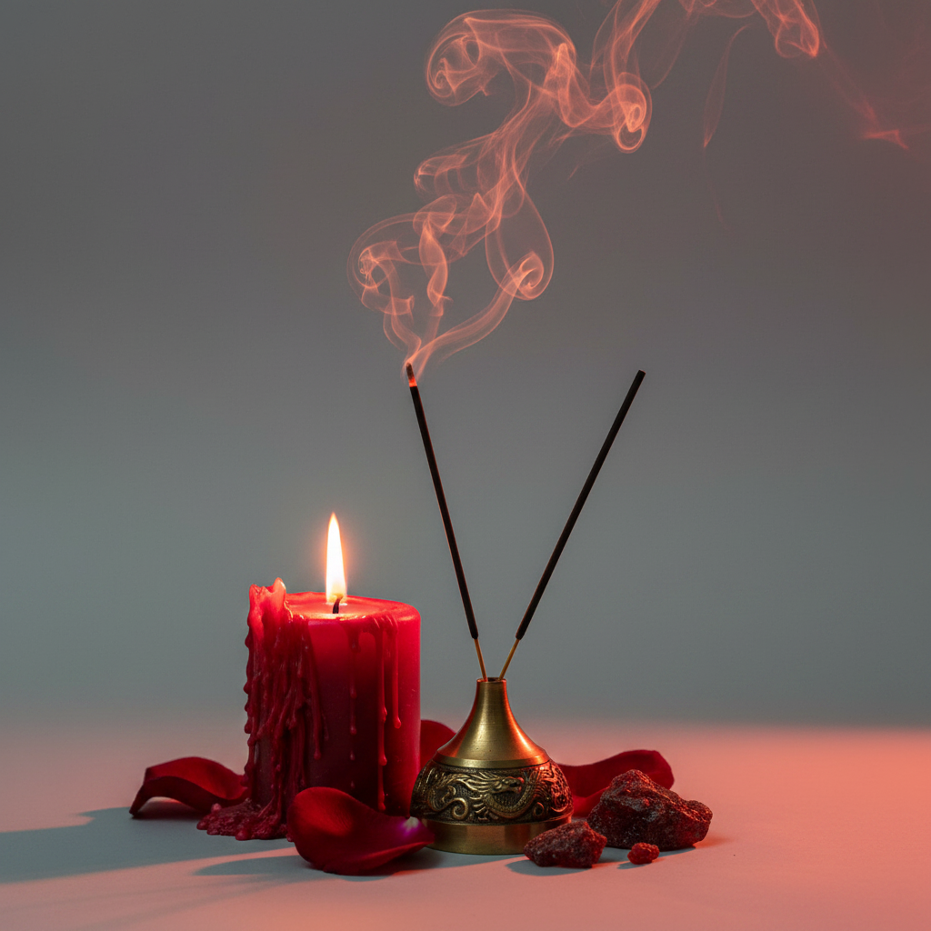 Dragon's Blood incense stick burning with smoke and red candle props