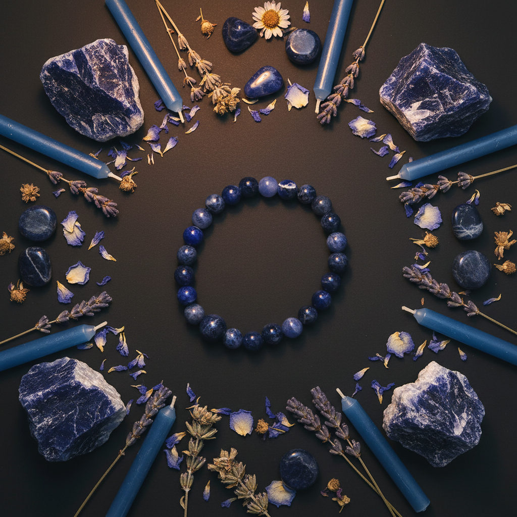 Sodalite beaded bracelet flat lay with raw sodalite, blue petals, lavender and candles on dark charcoal background