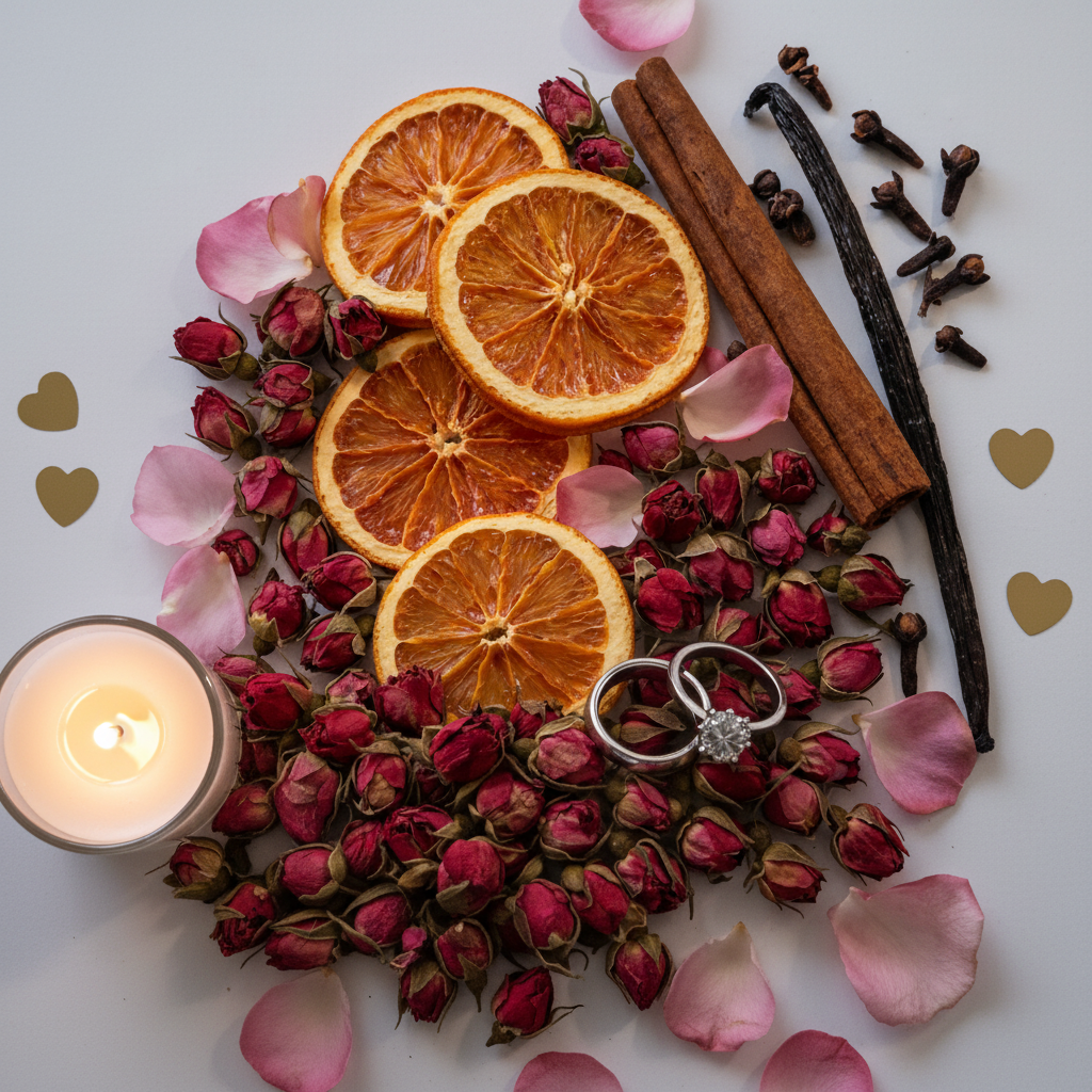 Flat lay of Happily Ever After simmer pot ingredients with rings, rose petals and candle