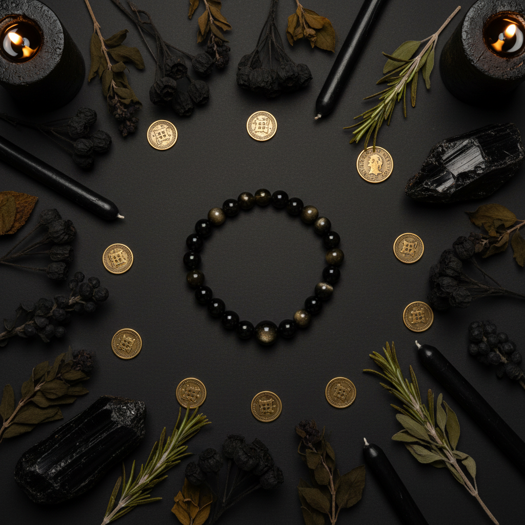 Gold Sheen Obsidian beaded bracelet flat lay with raw obsidian, gold coins and candles on dark charcoal background