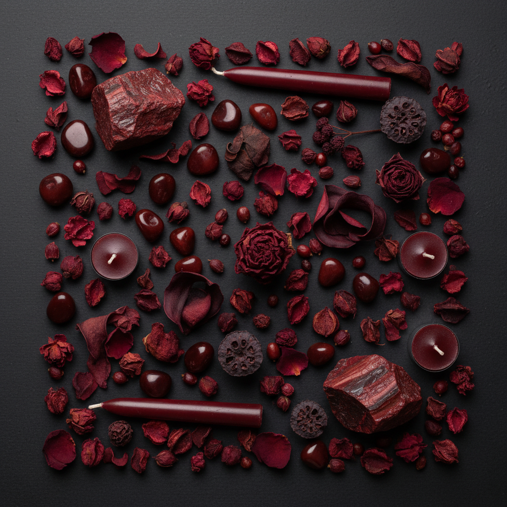 Dark flat lay with raw red tiger's eye chunks, dark red tumbled stones, deep red botanicals and burgundy candles on charcoal background