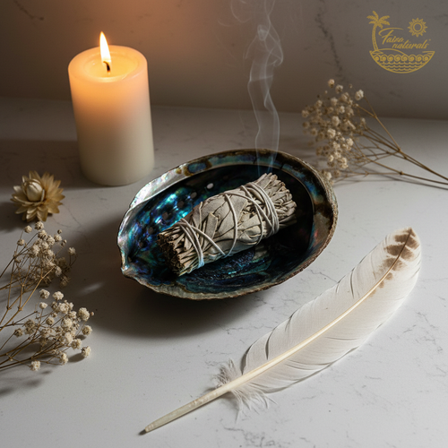 Abalone shell smudge bowl with iridescent interior, white sage bundle, feather and candle
