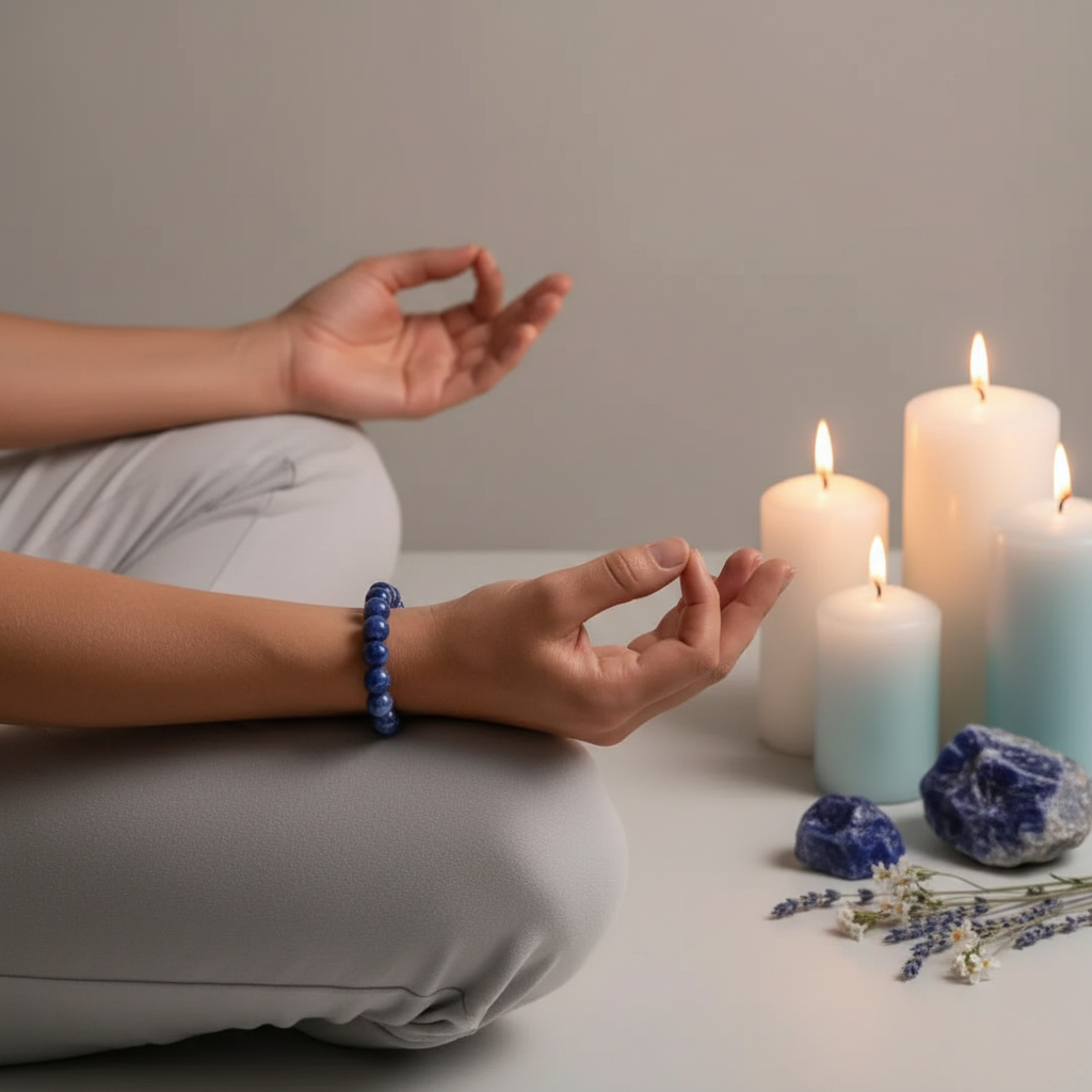 Hands in meditation pose wearing sodalite beaded bracelet with crystals and blue flowers