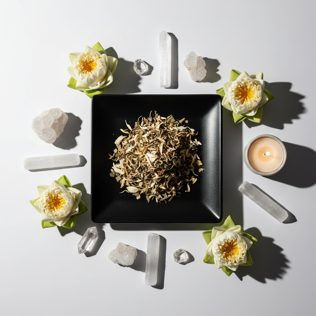 Flat lay of White Egyptian Lotus herbs on black plate with white flowers and candle props