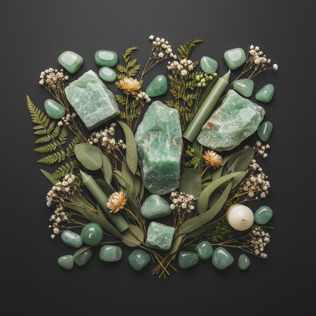 Flat lay with raw green aventurine, tumbled stones, eucalyptus, white flowers and green candles on dark charcoal background