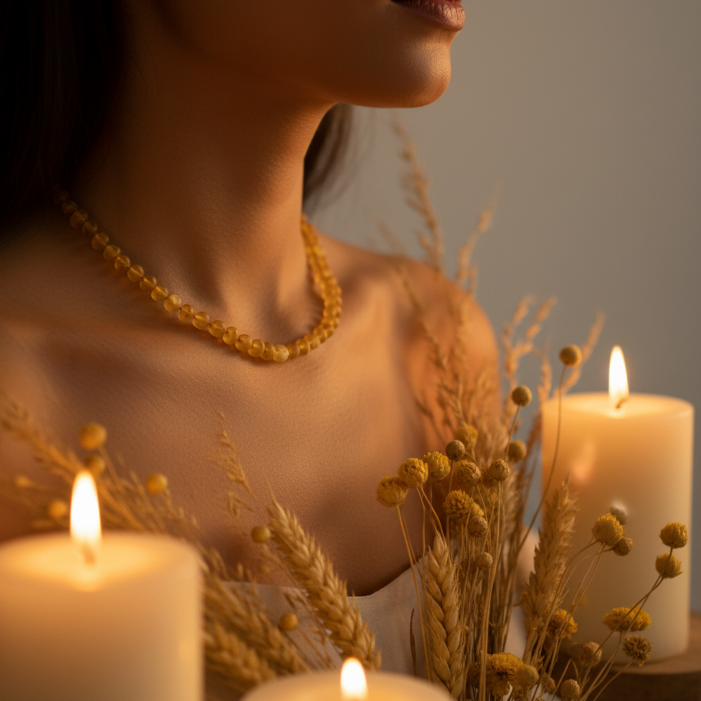 Raw gold Baltic amber necklace with warm golden matte beads worn against skin in soft warm light